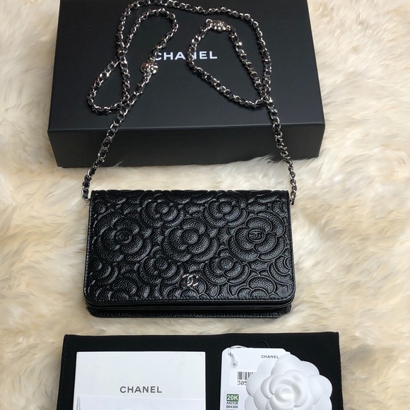 CHANEL Handbags - Black Caviar Camellia Charm Chain Wallet On Chain